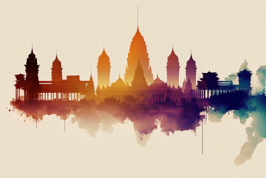 Watercolor Illustration of Ancient Thailand City | Elegant Negative Space