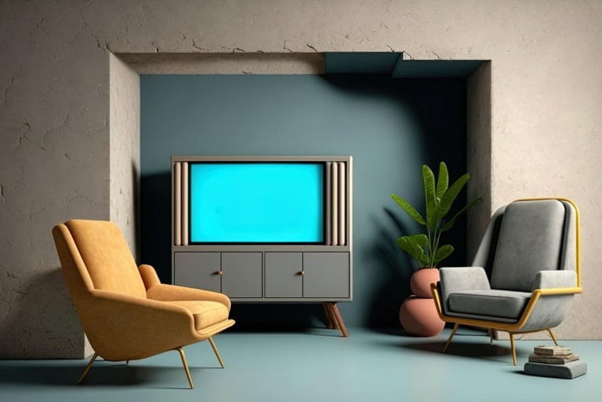 Vintage 1960s Living Room Furniture with Television and Plant