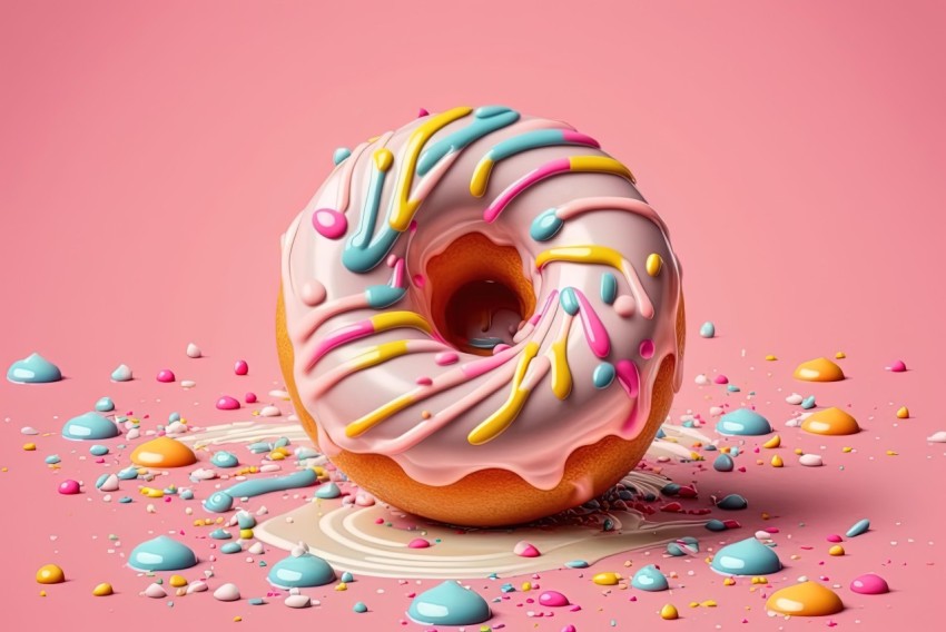 Colorful Sprinkled Donut on Pink Background - Vray Tracing Style