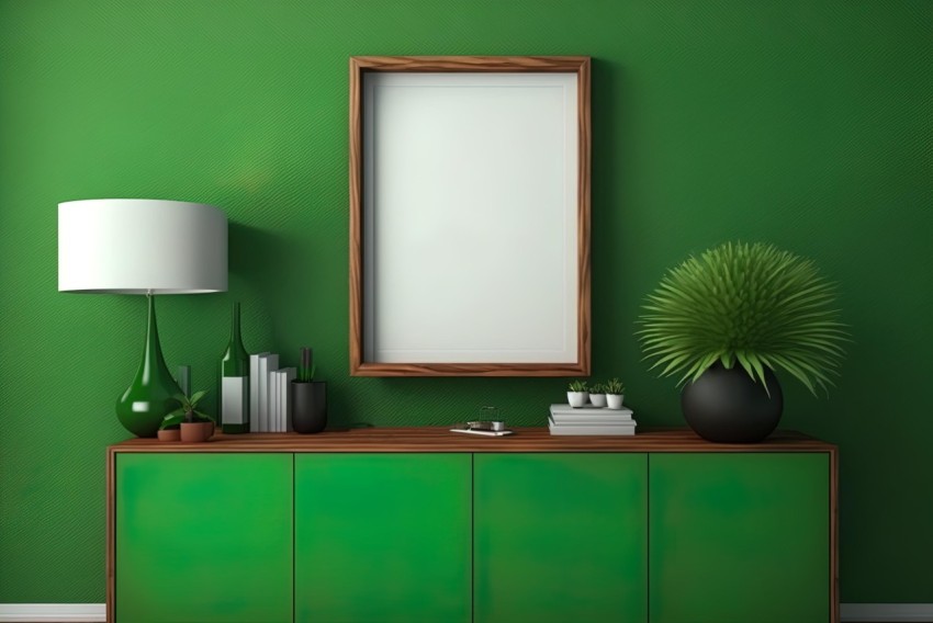 Green Bedroom with Empty Frame, Lamp, and Plant - Realistic Hyper-Detail