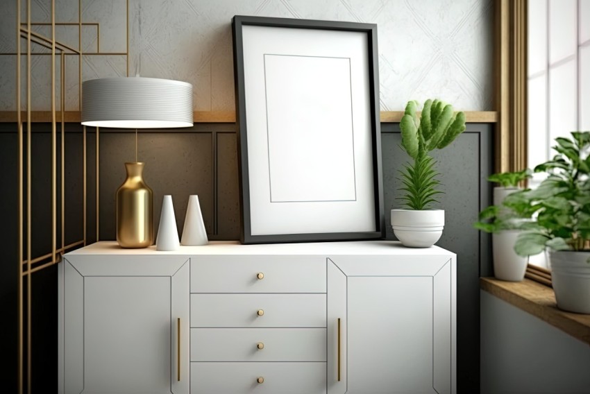 Empty White Cabinet with Tall Lamp and Frame - 3D Render
