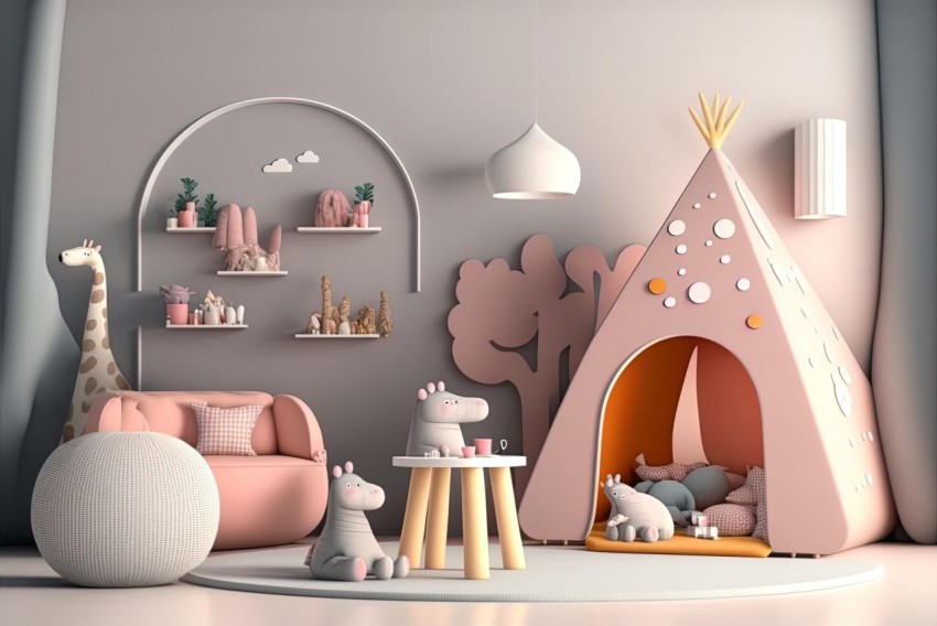 Kids Room with Furniture and Teepee | Cinema4d Rendered Interior