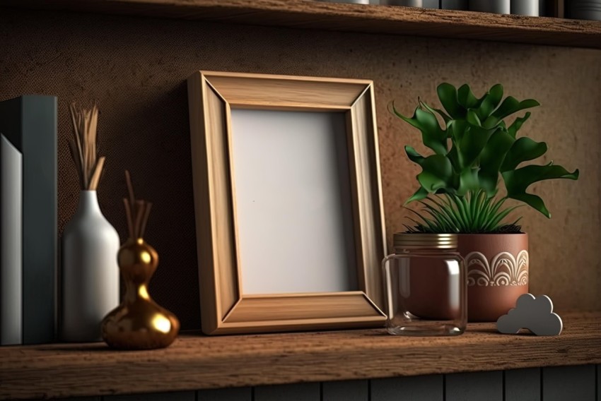 Elegant Photo Frame and Plant Set on Shelf with Candle and Ceramic Pot
