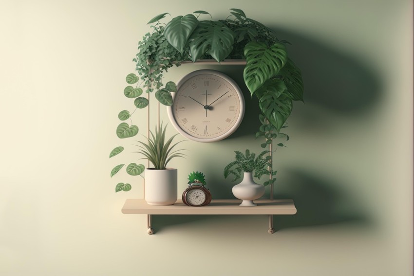 Beige Hyperrealistic Shelf with Clock and Plants - Decor