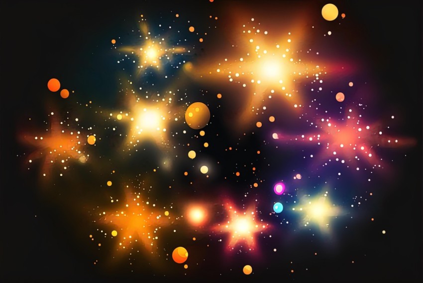 Colorful Stars on Black Background - Light Indigo and Light Amber