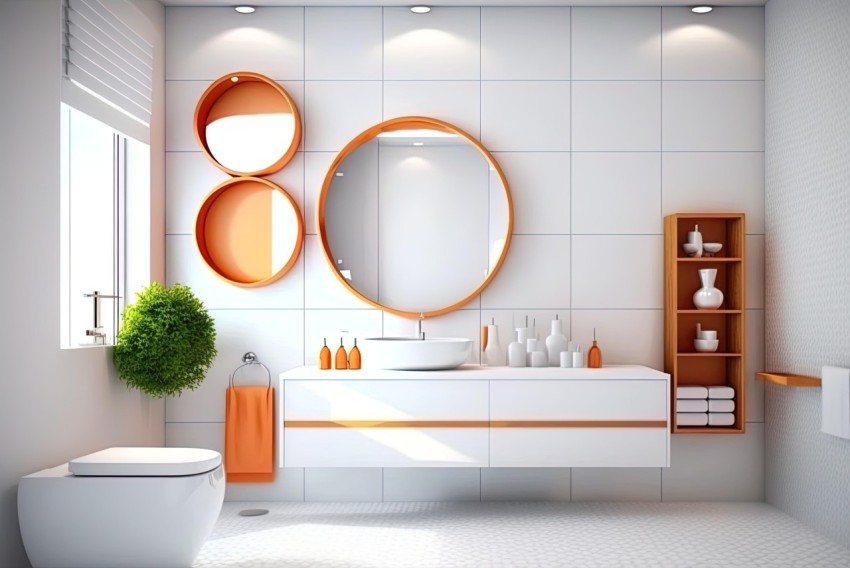 Orange Bathroom Vanity Decor | Circular Shapes | Sleek Metallic Finish