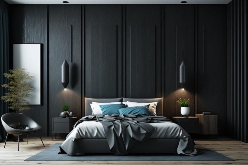 Luxurious Black Bedroom with Accent Wall and Modern Furniture