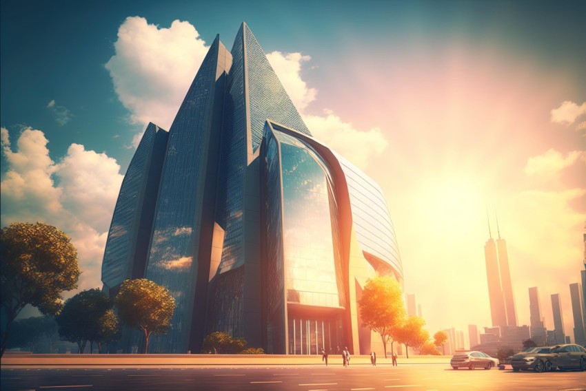 Futurist Skyscraper with Golden Light and Reflection | Organic Architecture