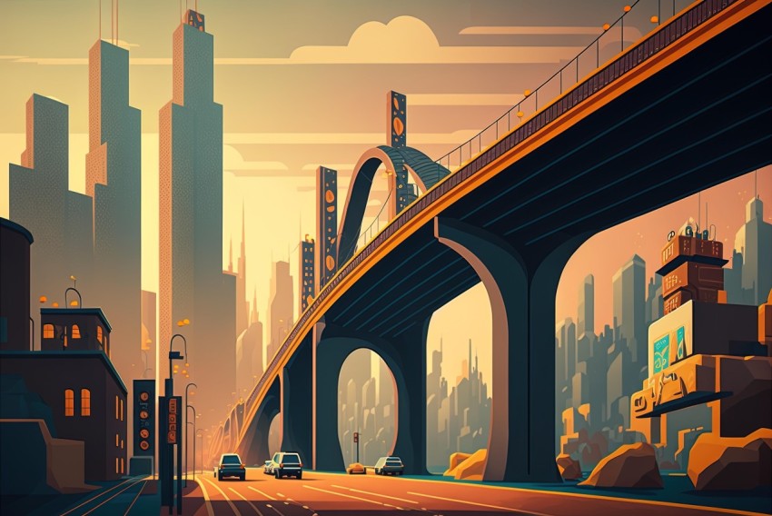 City Illustration with Bridge | Gradients and Realistic Details