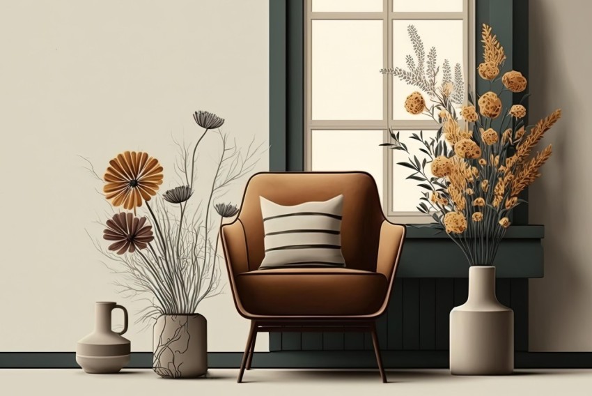 Sitting Chair and Vases: Modern Vector Illustration in Beige and Amber