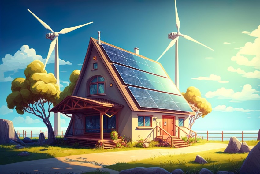 Detailed Character Illustration of a House with Wind Turbines