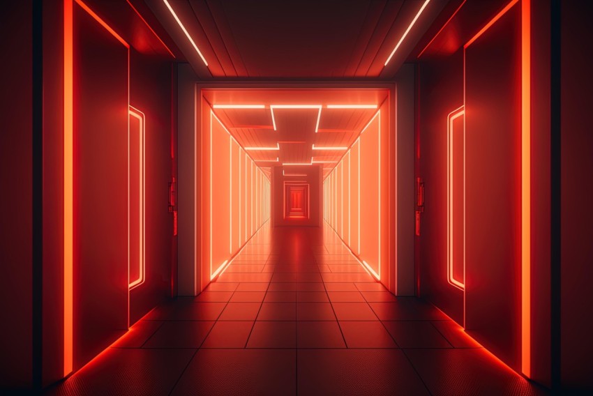 Neon Hallway with Red Lights: High-Angle Corridor in Vray Tracing