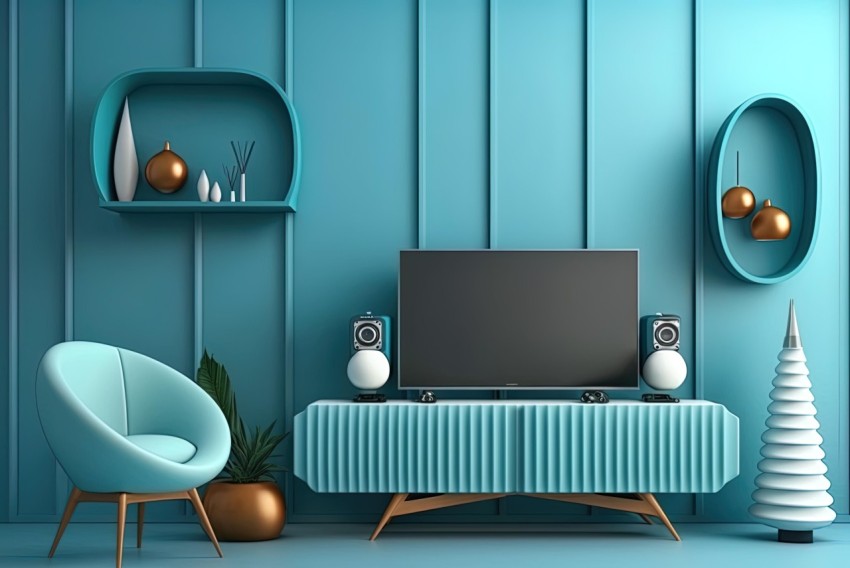 Blue Living Room with TV and Chair | Vintage Atmosphere | Bold Lines