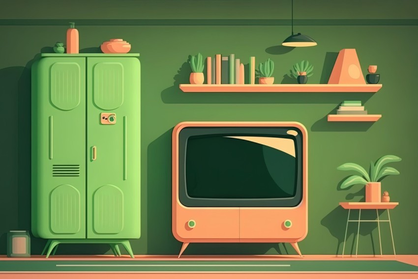 Charming Retro Old TV Illustration on Green Wall | Studyplace Cabincore