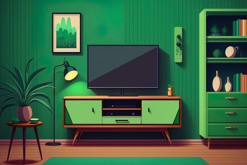 Retro Living Room with Green Walls - Colored Cartoon Style