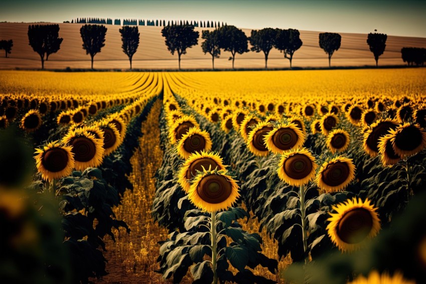 Sunflower Field with Trees in Retro Filter Style