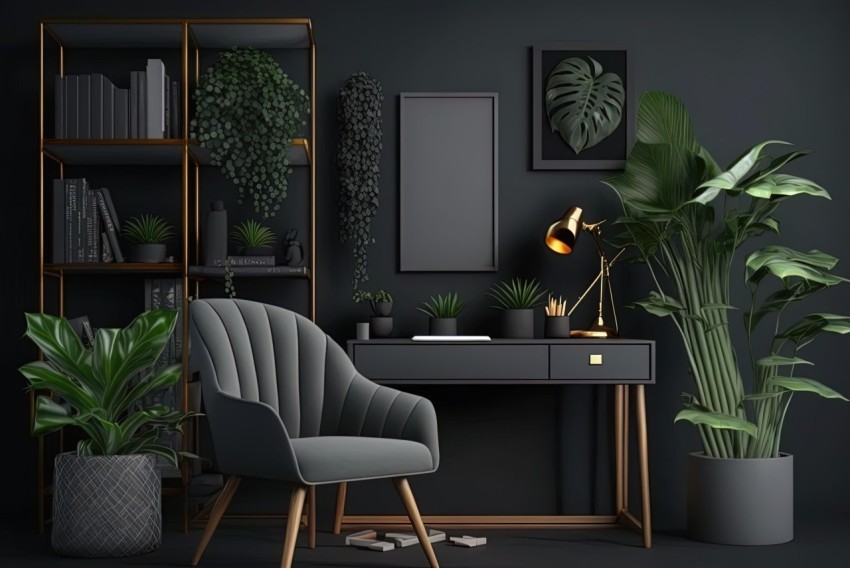 Black Office with Plants and Bookshelf - Elegant Decor