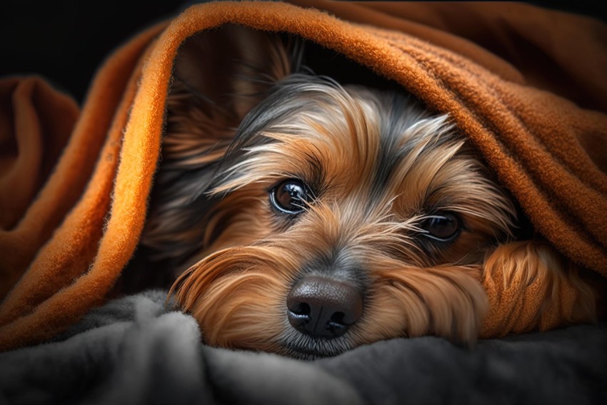 Captivating Portraiture of a Small Dog Under a Blanket