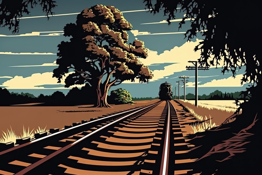 Vintage Poster: Old Train Track Crossing Desert | Australian Landscape