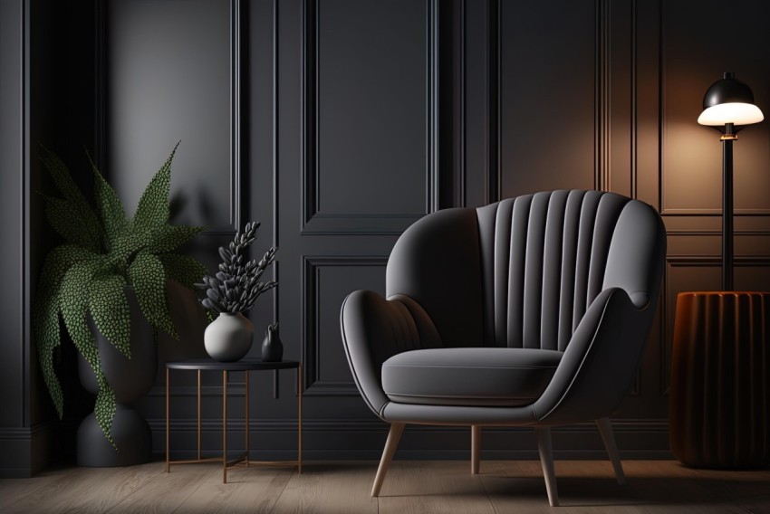 Moody and Evocative Black Chair and Lamp 3D Rendering in a Room