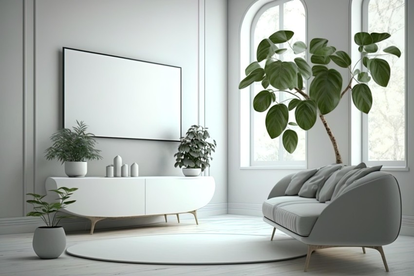 Grey Living Room with White Sofa and Plant in Pot - Contemporary Design