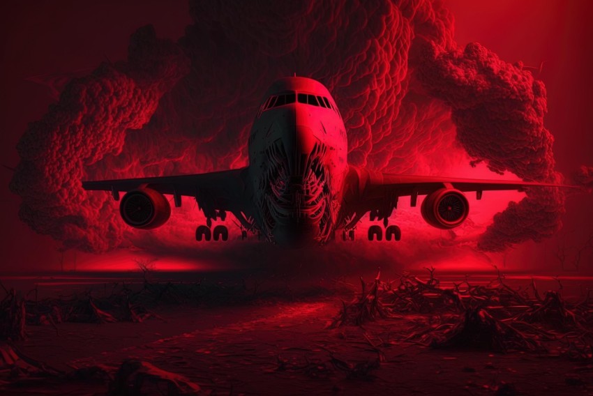 Red Airplane in Surrealistic Horror Style - Hyper-Realistic Illustration