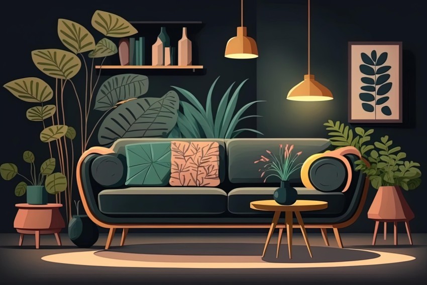 Flat-Style Sofa with Plants in a Dark Room | Detailed Character Illustrations