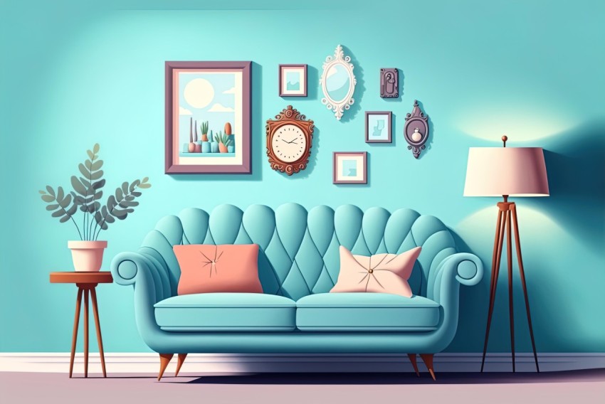Blue Interior with Modern Couch and Retro Vintage Style
