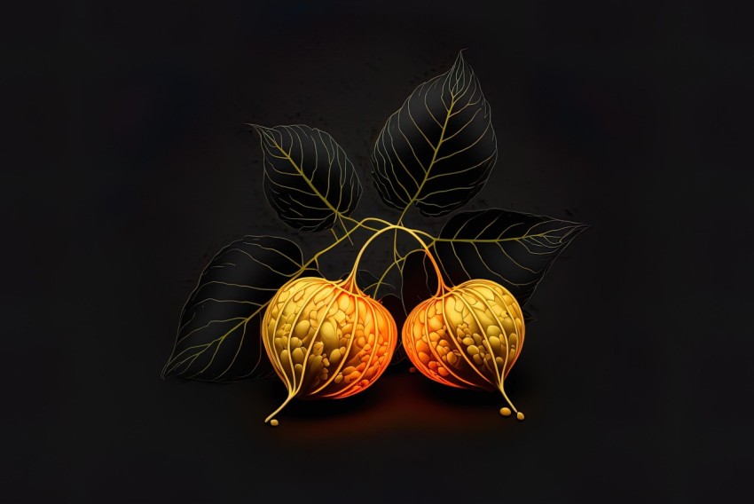 Orange Fruit on Black Background with Brown Leaves | Realism with Fantasy Elements