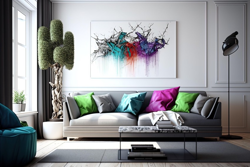 Modern Colorful Wall Art in Living Room - Light Silver and Violet