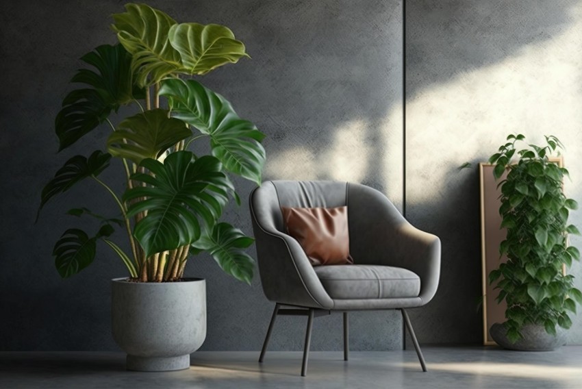 Mysterious Jungle Style Planter with Table and Chair beside Concrete Wall