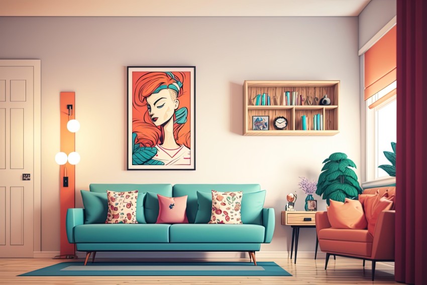 Bright Color Sofa in Graphic Novel Style - Vintage Inspired