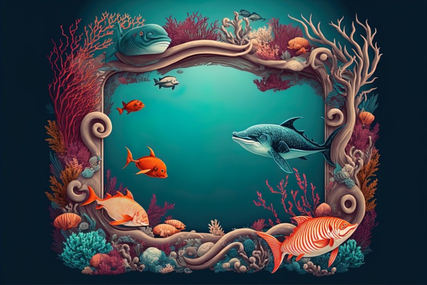 Realistic Coral Reef Illustration with Fishes and Elaborate Borders