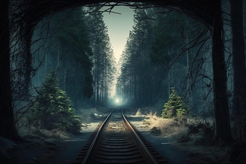Mysterious Train Tracks in a Dark Forest - Captivating Nature Image