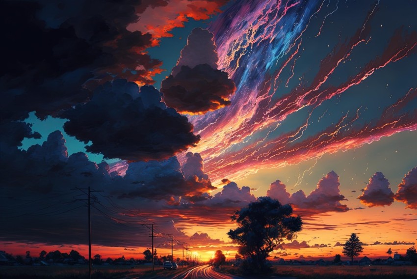 Detailed Illustration of Clouds at Sunset over a Road - Nightcore Style