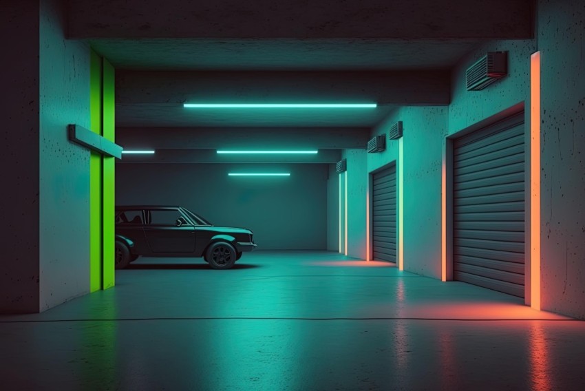 Black Car in Neon Garage | Vintage Minimalism | Lush Colors