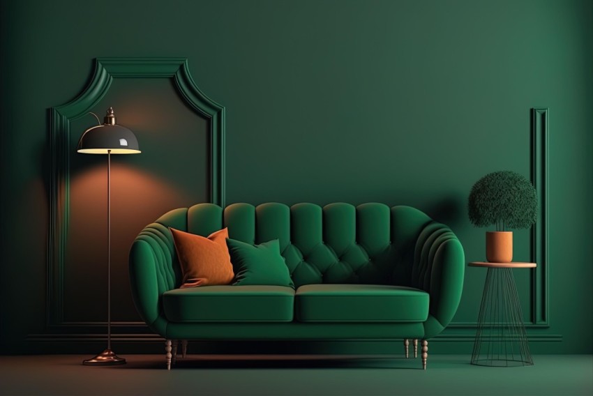 Green Sofa in Living Room: Moody Chiaroscuro Lighting