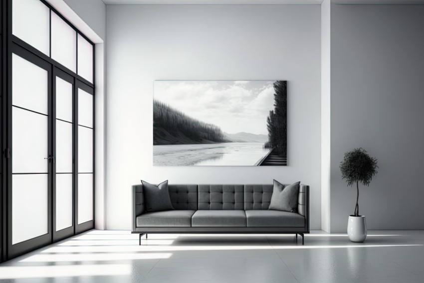 Minimalist Monochromatic Interior with Black Couch and White Paintings