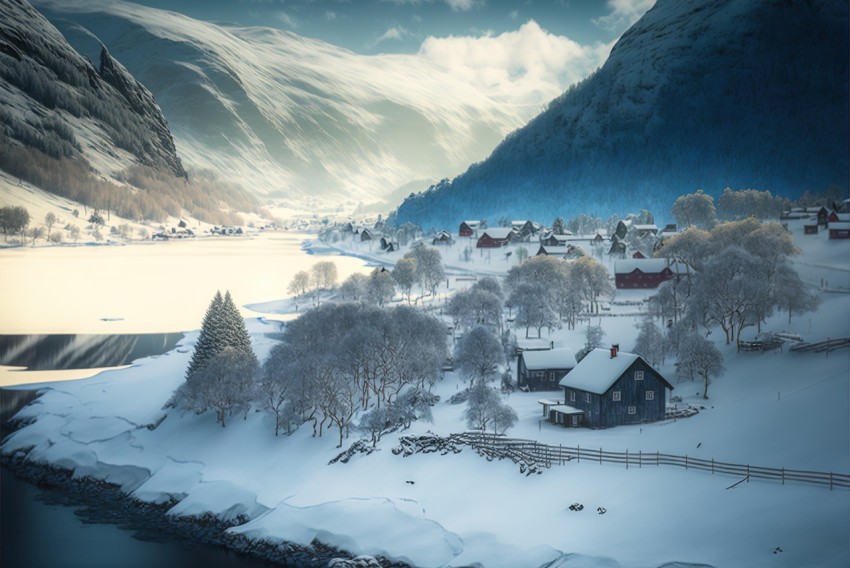 Winter Scene in Terragen Style: Charming and Idyllic Rural Landscape