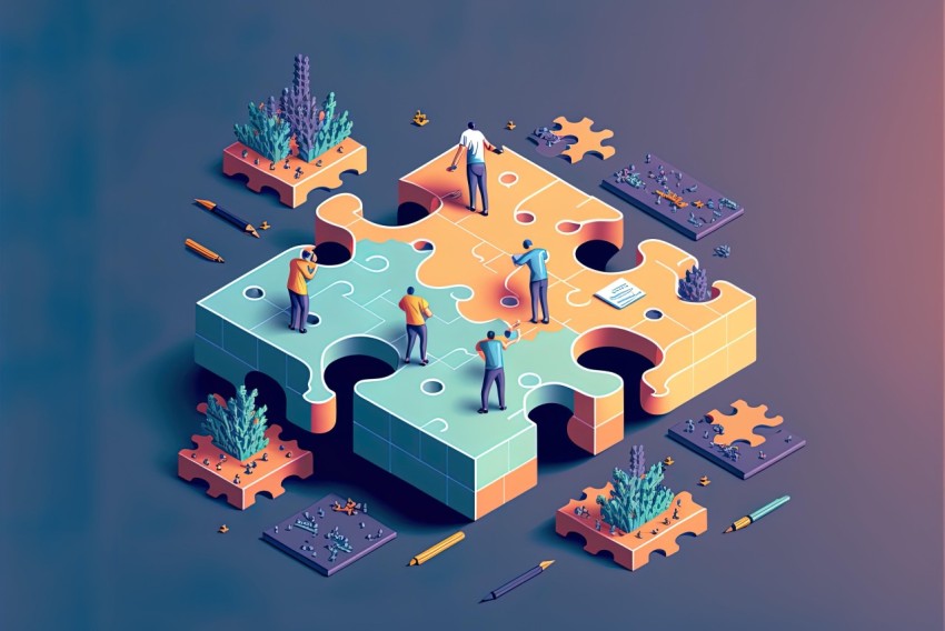 Isometric Puzzle Art with Collaborative People | Moody Color Schemes