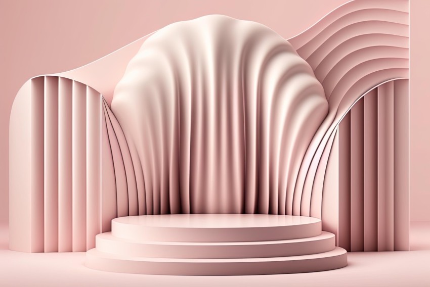 Ethereal Pink Architectural Stage with Luxurious Drapery and Realistic Anamorphic Art