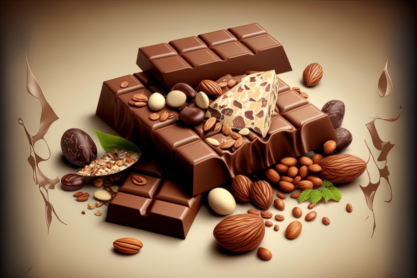 Chocolate, Nuts, and Caramel on Brown Background - Realistic Rendering