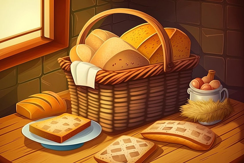 Cozy and Creative: Animated Basket with Bread in 2D Game Art Style
