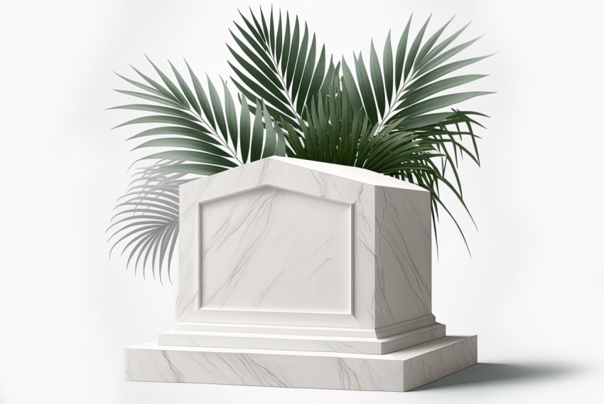 Realistic Impression of a White Gravestone with Palm Leaves | Architectural Illustration