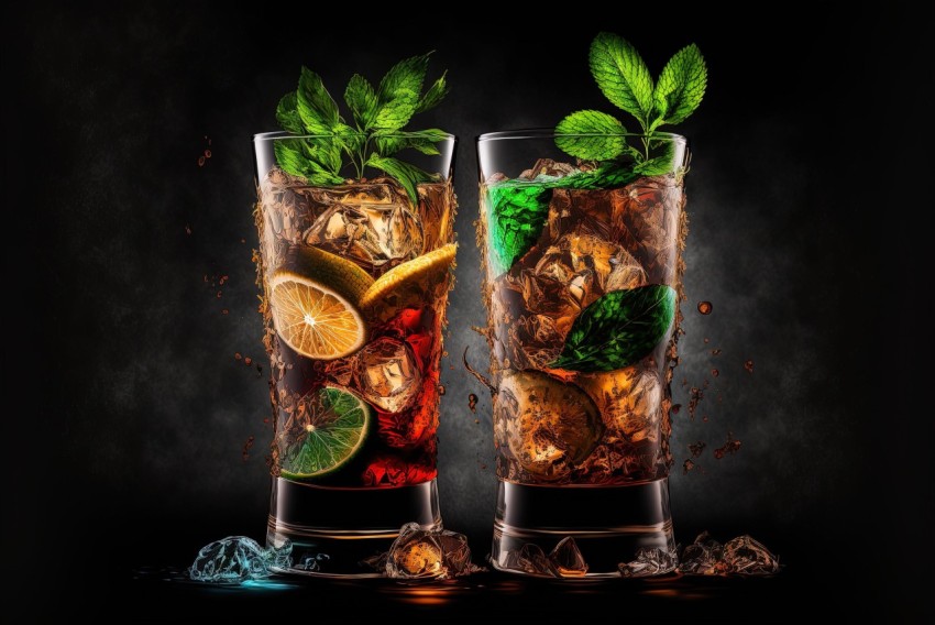Contemporary Art: Two Glasses with Soda on Dark Background