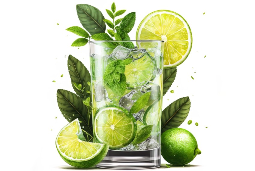 Hyperrealistic Glass of Icy Water with Lime Leaves
