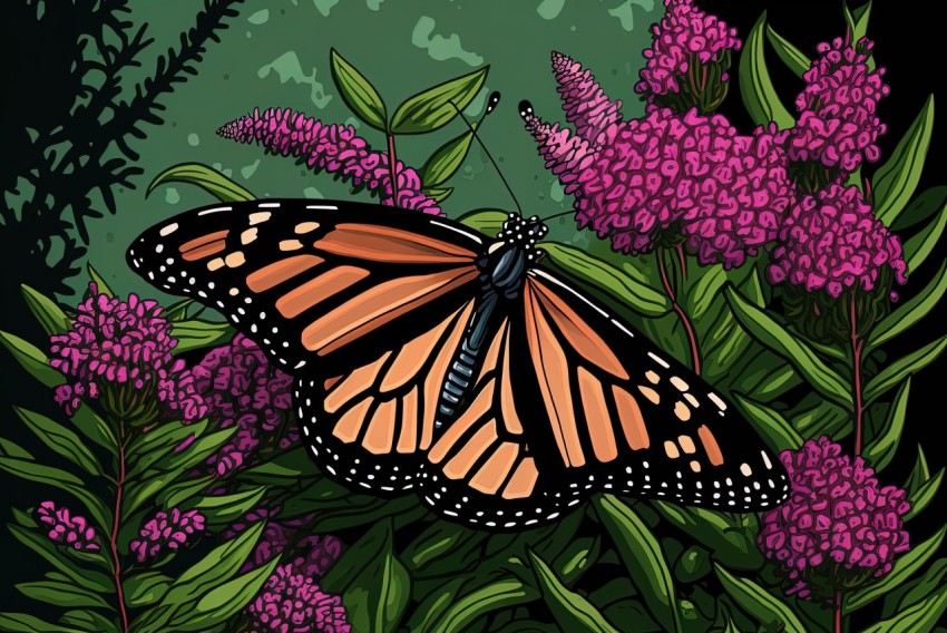 Monarch Butterfly on Purple Flowers - Vibrant Cartoonish Illustration