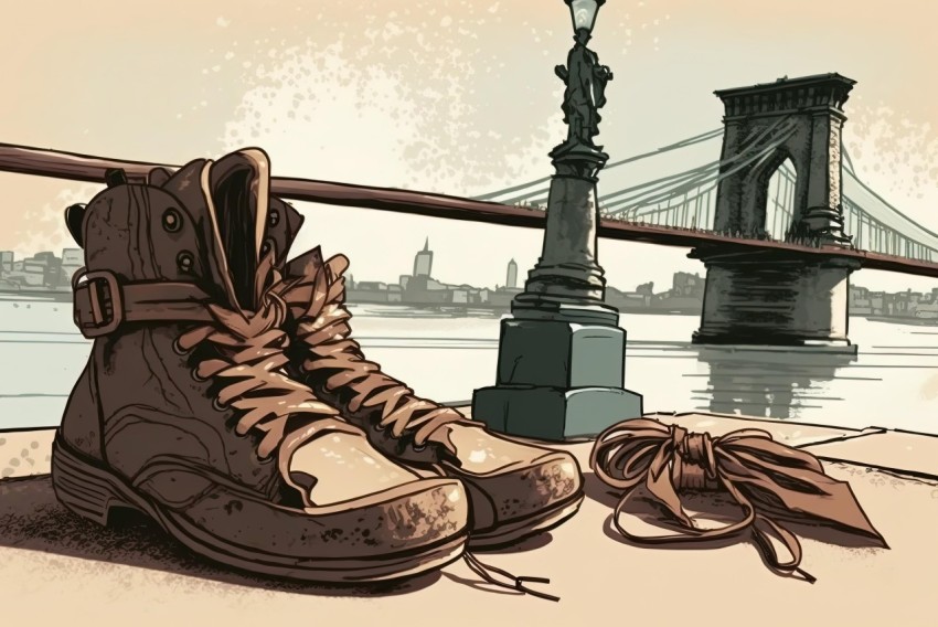 Vintage Style Illustration of Boots Next to Brooklyn Bridge