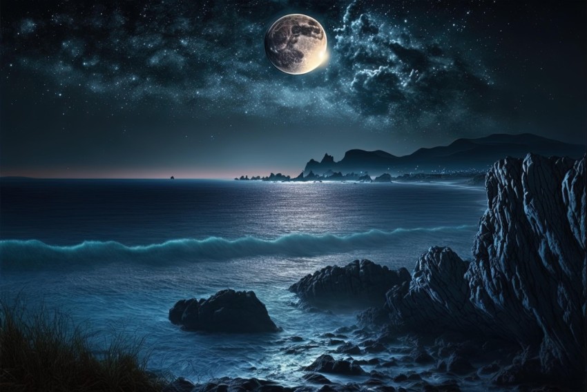 Moon over Ocean at Night: Surrealistic Fantasy Landscape
