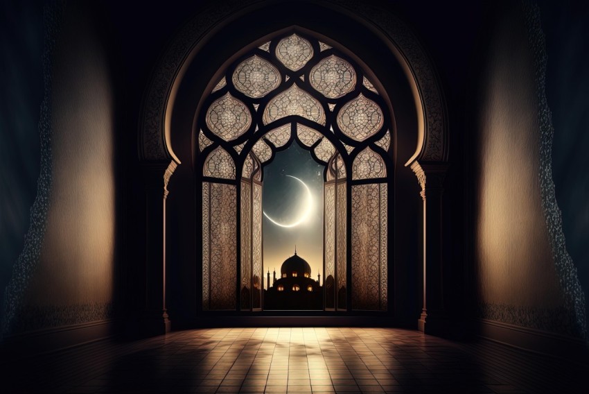 Ornate Arched Door with Moon and Crescent - Realistic Portrayal of Light and Shadow